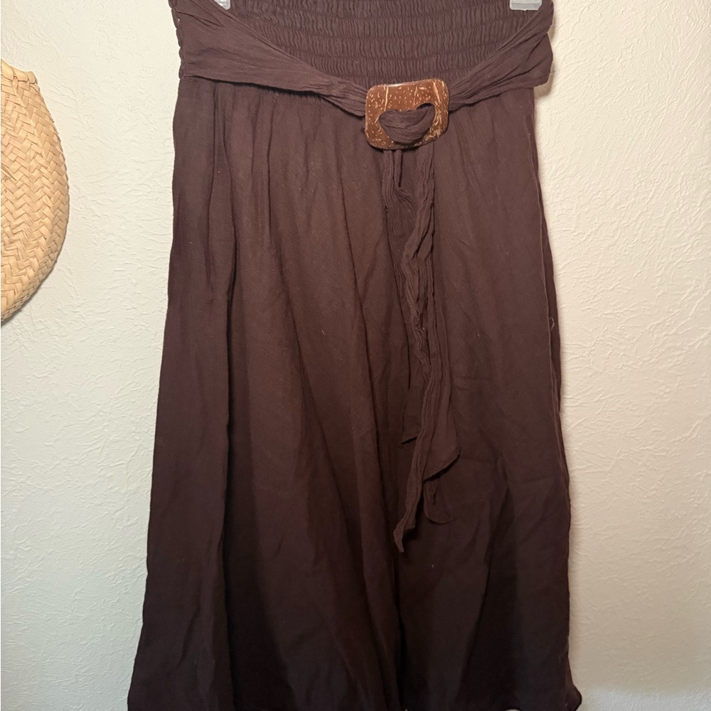Tropiko Brown Smocked Midi Skirt A-Line Resort Wear